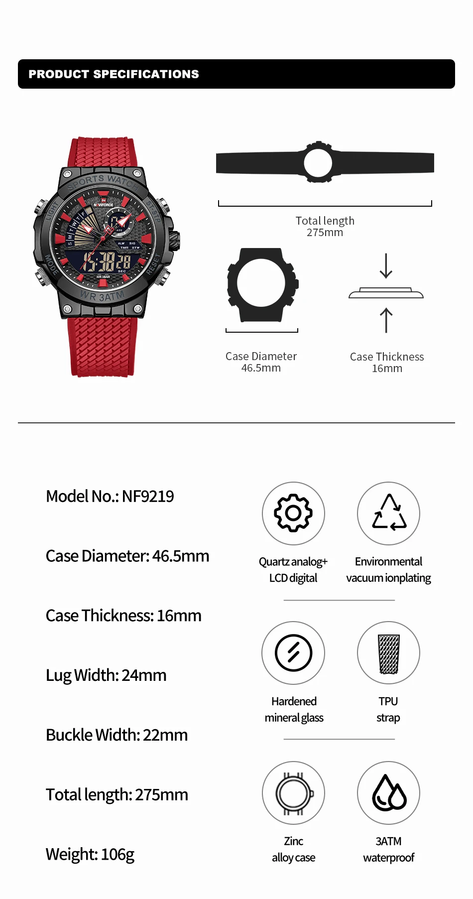 NAVIFORCE 9219 BRR Спортивные кварцевые мужские часы оригинальный бренд завод водонепроницаемый оптовая продажа цифровые наручные для мужчин