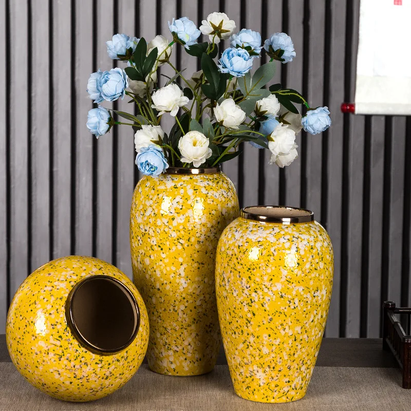 Modern Yellow Printed Ceramic Vase Set Living Room Floor Pot Porcelain Ornaments