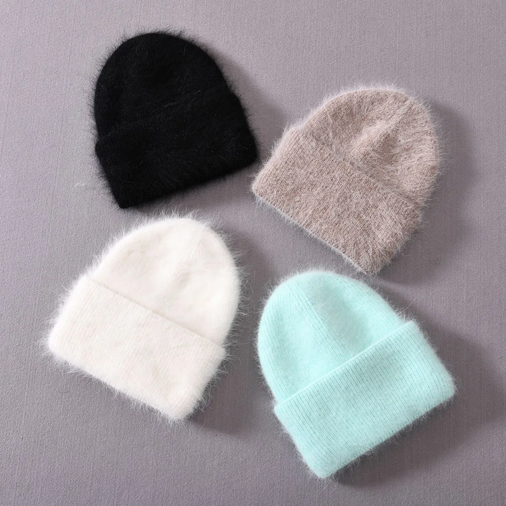 Double Layer Thick Warm Furry Striped Hat Wholesale Unisex Adult Winter Cuffed Custom Long Angora Knit Fluffy Wool Beanie