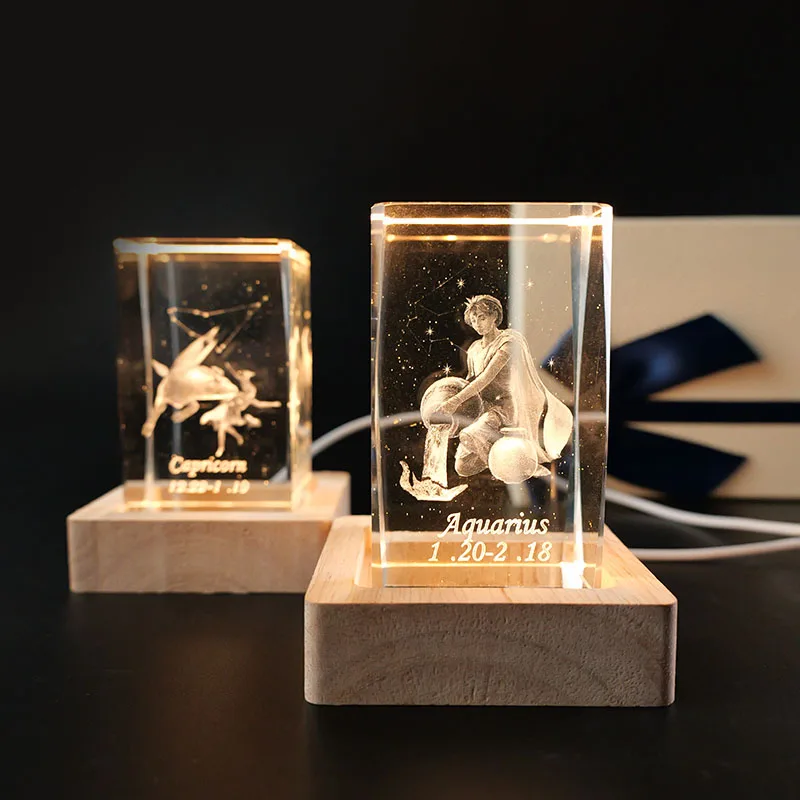 Crystal Glass Ball Home Decorations Birthday Gifts Wooden LED Display Stand 3D Night Light Round Wood Base