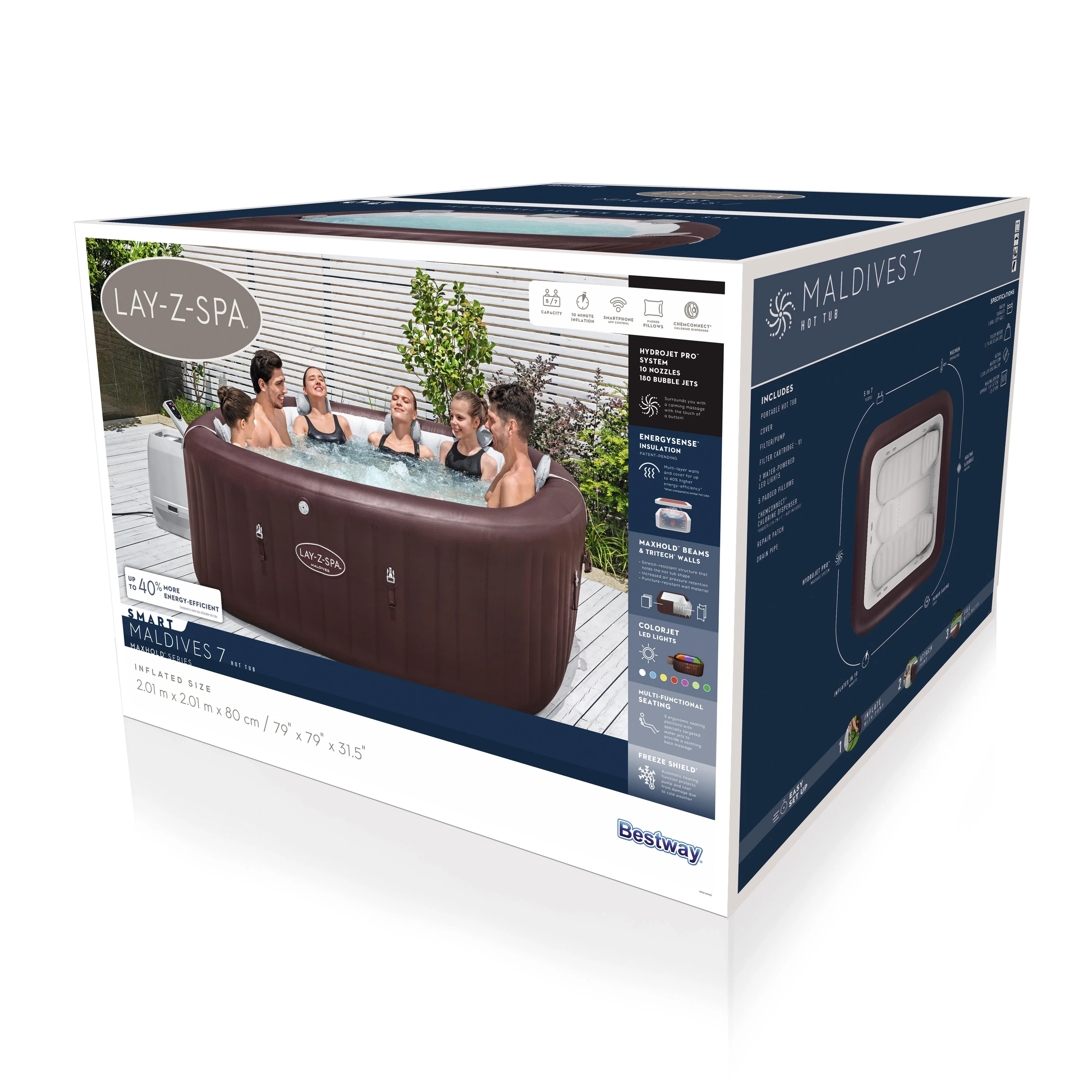 BESTWAY 6001U Lay-Z-Spa Maldives Energy-Efficient Smart Inflatable Hot Tub with App Control 5-7 person