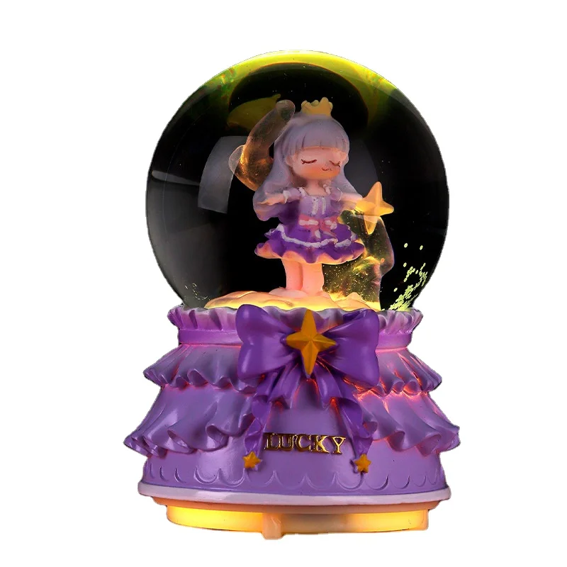 High Quality Cute Girl Queen Spaceman Theme Colourful Light Automatic Snowing And Spin Merry-go-round Music Box Crystal Ball
