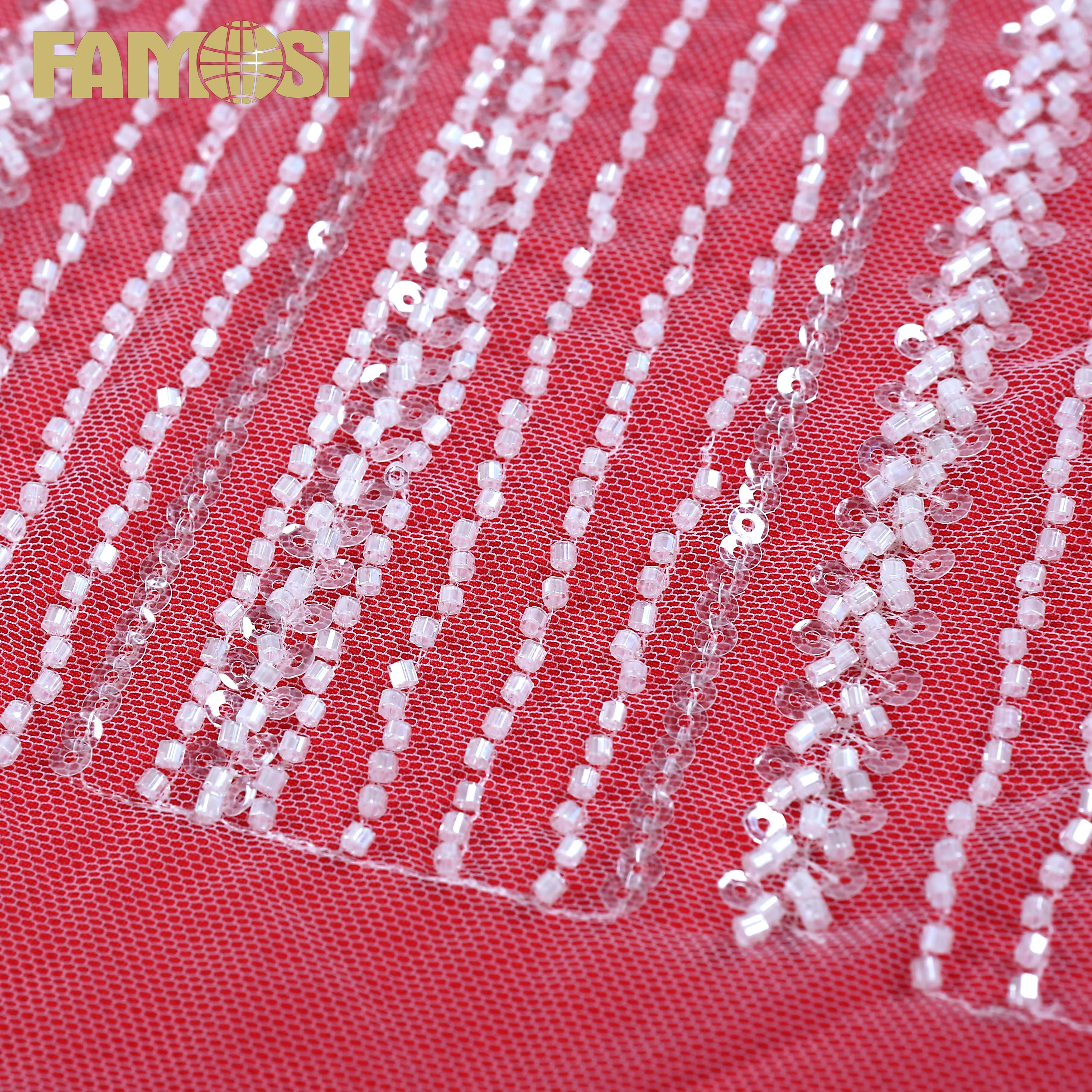 hot sale keqiao textile white beaded clear sequin embroidery lace fabric for women