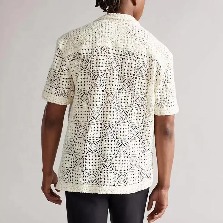 Custom Logo Summer Knitted Top Knitwear Cotton Cardigan Button Up Fashion Short Sleeves men Crochet shirt