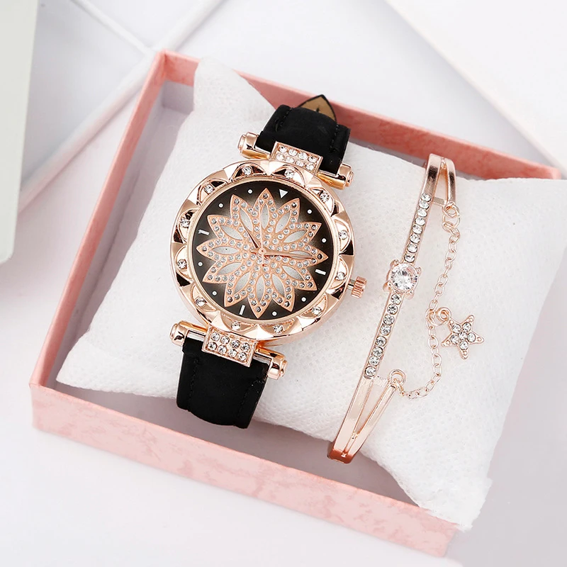 Hot Sale Women Ladies Fashion Star Leather Strap Quartz Wrist Bracelet Watches Gift Set