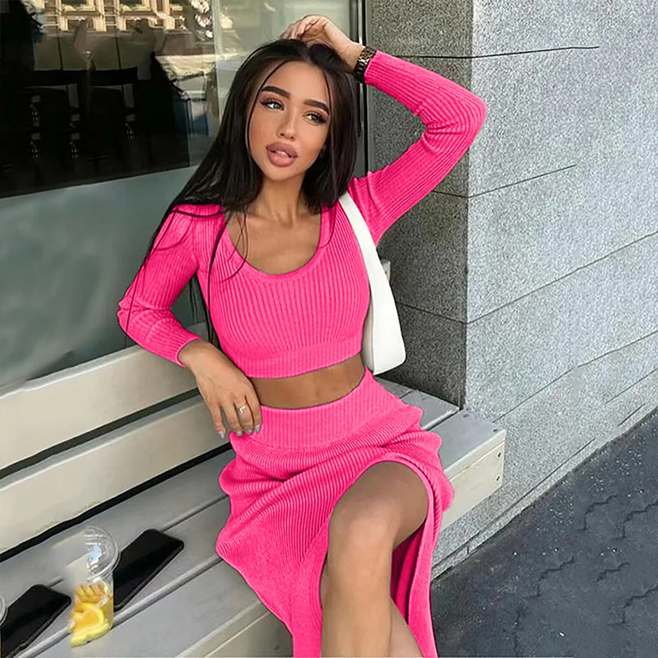 Latest Design Sexy High Split 2 Piece Set Women Dresses Causal Knit Crop Top And Skirt Set 2023 Two Piece Dress Set