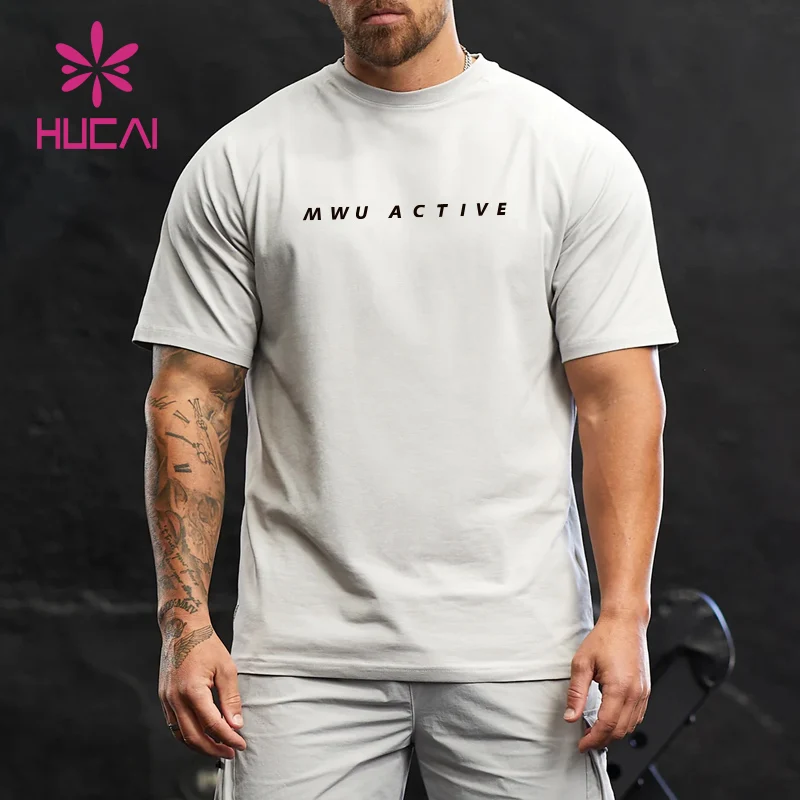HUCAI Custom 95% cotton spandex Crew neck short raglan sleeve Relaxed fit training gym t shirt for men