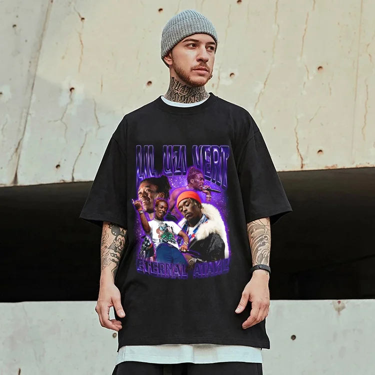 
Dropshipping Black Mens T shirt Screen Print Hip Hop Tupac Lil uzi vert Lil Peep Graphic Vintage Collar Oversize Tshirt 