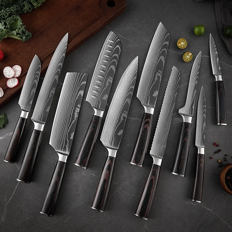 Color Wood Handle Damascus Laser Pattern Knives Set 4cr14 Stainless Steel Japanese Kitchen Knife
