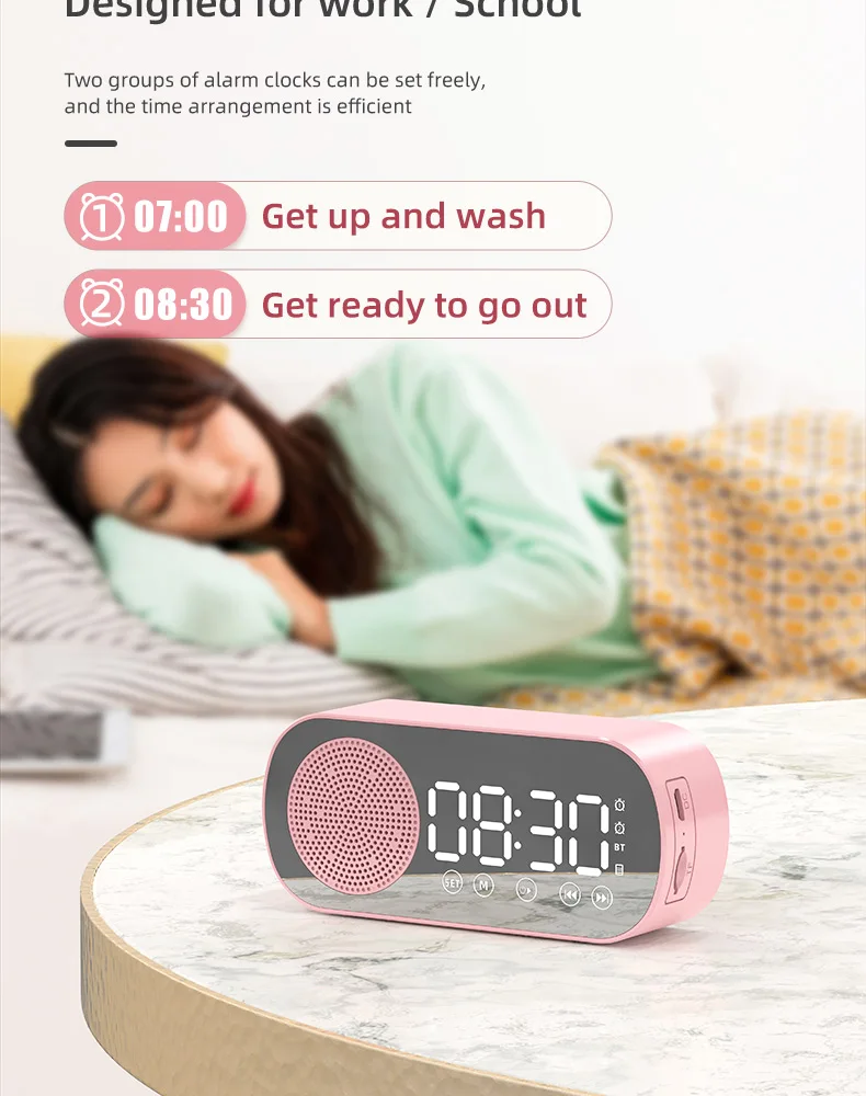 2022 New Product Alarm Clock With Mirror Digital Clock USB Charging Mini Portable Bluetooth Speaker