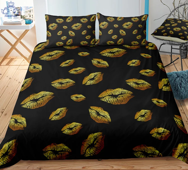 Duvet Cover Full Size, Romantic Couples Red Lips Kiss Printed Quilt Cover Set, for Valentines Day Wedding Decorations