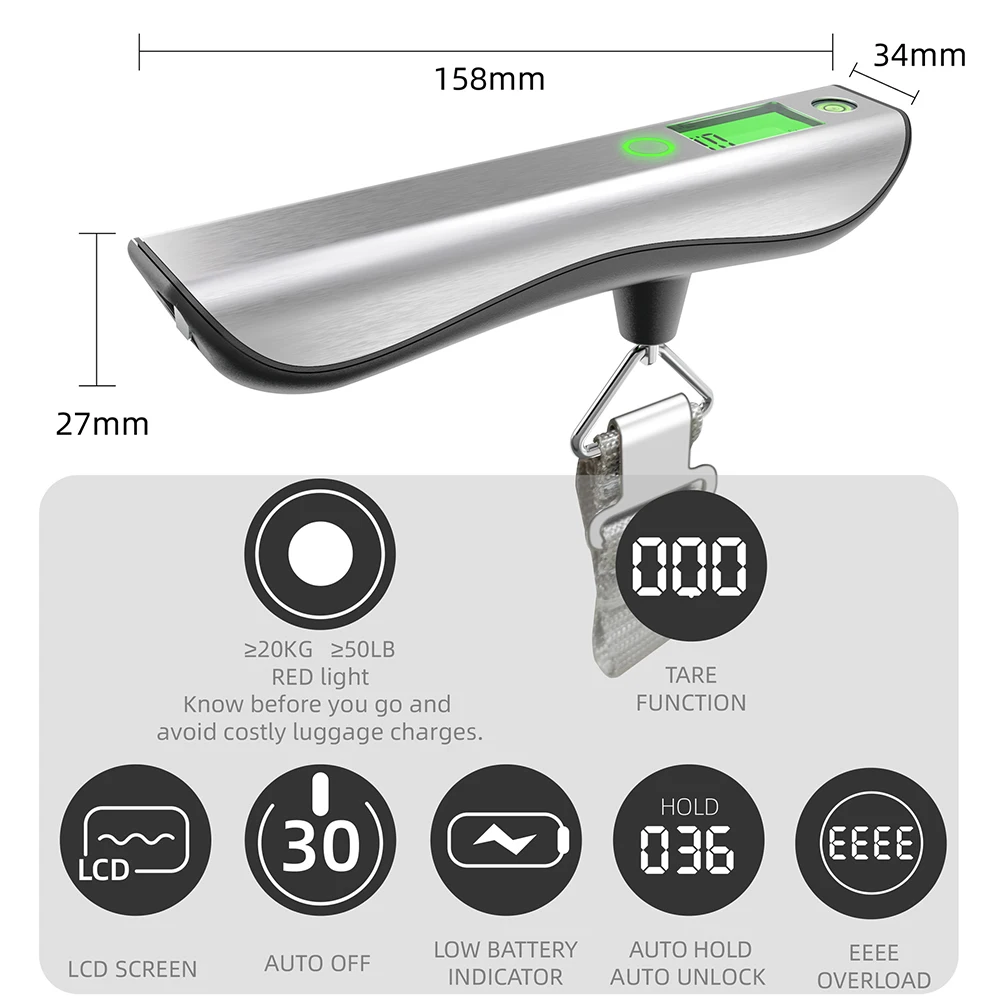 high accurate 50kg 0.05kg digital hand held travel scales portable luggage scale