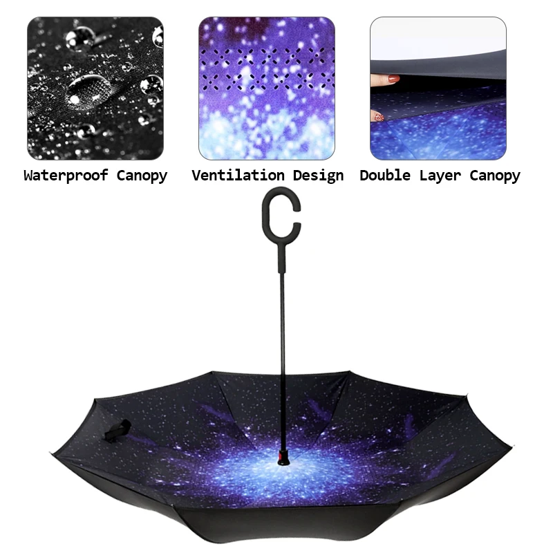 New Product Customized Creative Hands-Free C-Shaped Handle Double-Layer Reverse  Straight Inverted Umbrella