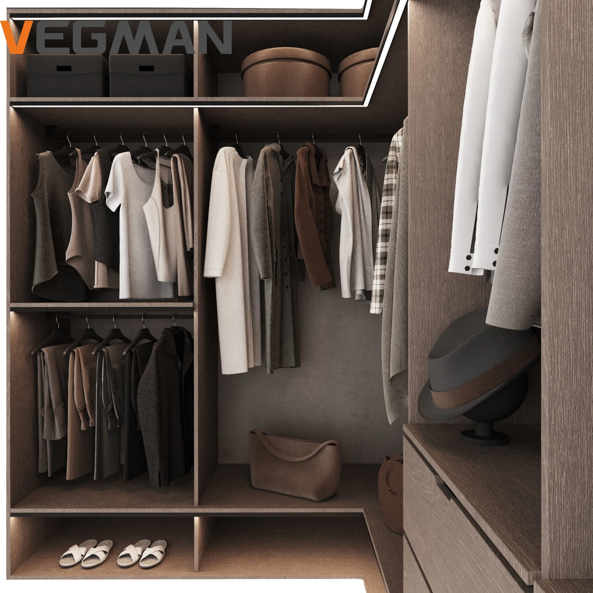 European Style Custom L Shape Brown Bedroom Wooden Panel Walk In Wardrobe Closet