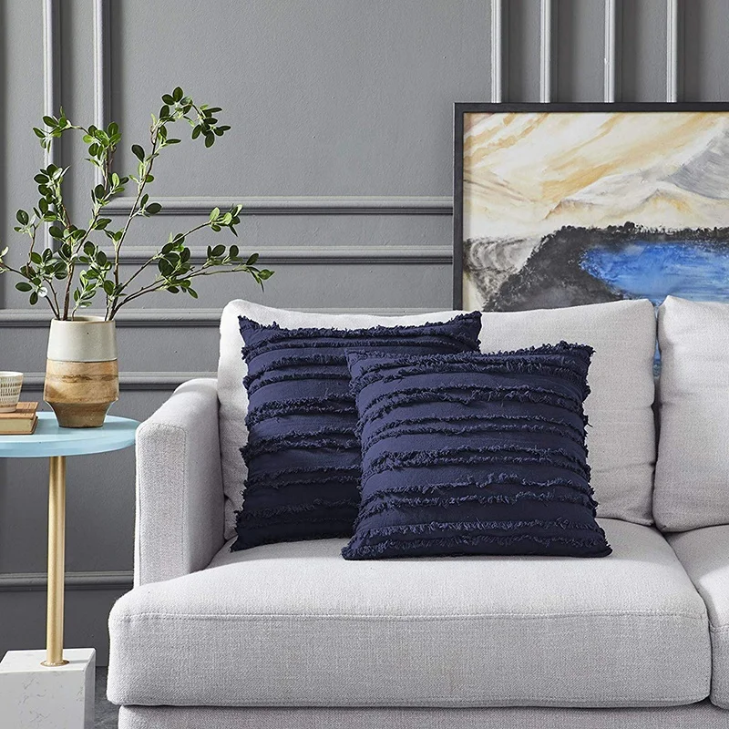 Monad Amazon Set of 2 18x18 inch Solid Boho Ethnic Tassel  Decorative Square Cotton Linen Throw Pillow Cushion Cover For Sofa