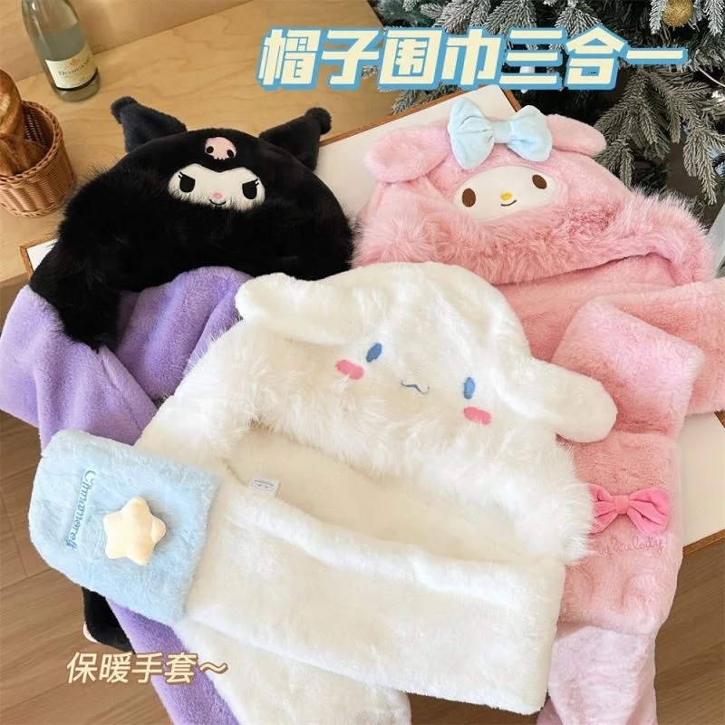 New Arrived Fashion Hello KT 3 in 1 Hats Scarf Gloves Soft Outdoor Winter Warm Women Girl Sanrioed Kuromie hats