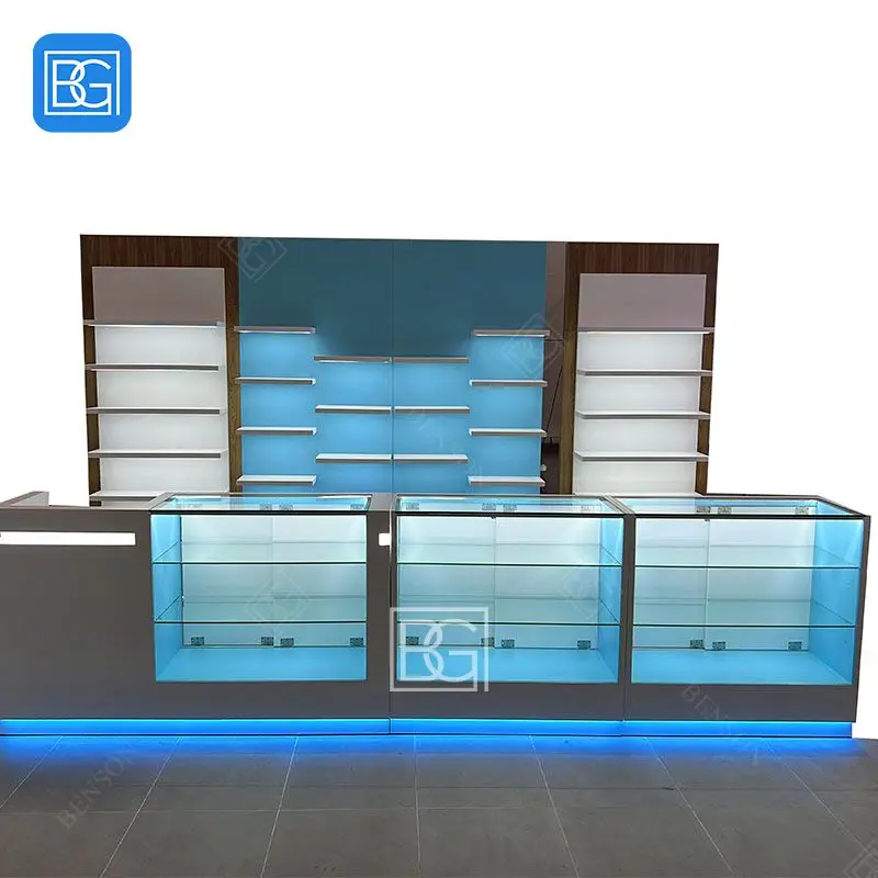 Factory manufacturing wood display shelf full height glass display cabinet convenience store cigarette display smoke shop case