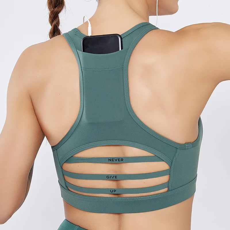 Sexy Sports Bra with Phone Pocket Racerback Sports Bras Mesh Ropa De Gimnasio Para Mujer Yoga Wear Fitness Clothing