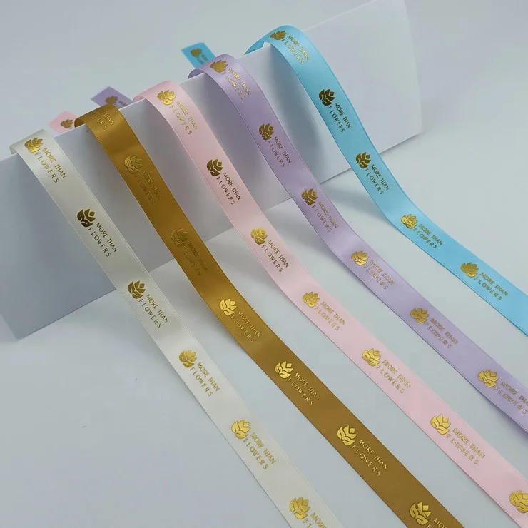 Factory custom ECO friendly gold foil printed silk gross grain grosgrain ribbon gift ribbon with logo brand