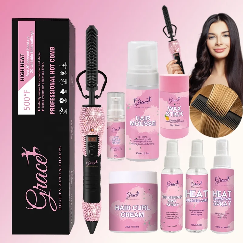 Private label wax stick hair repair serum heat protectant spray curly hair mousse Straightening 500F hot comb hair styling Kit