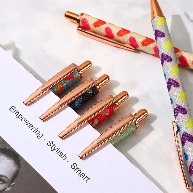 Sparkly Ballpoint Pens Fancy Glitter Heart Print Pens Metal Black Ink Pretty For Women Girls Ladies School Party Office Birthday