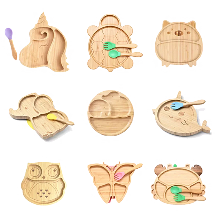 Hot Selling Baby Feeding Plate Monkey Santa Natural Animal Bamboo Baby Suction Plate With Bamboo Spoon