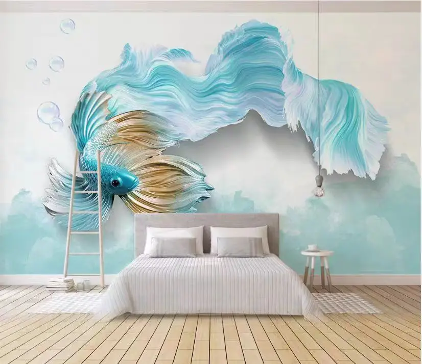 3D stereoscopic abstract lines guppy TV background wall covering bedroom bedside modern mural wall cloth