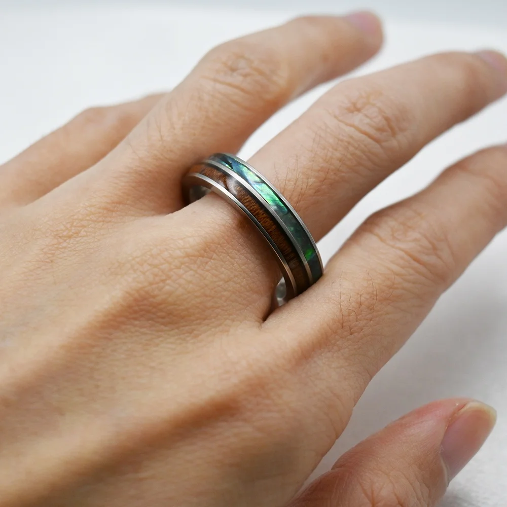 Stainless Steel Carbide Rings Hawaiian Koa Wood and Abalone Shell Rings for Men Comfort Fit Fashion Jewelry