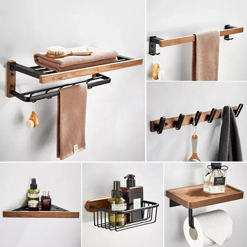 Eco-friendly bamboo bathroom Accessories Walnut Wooden Washroom Accessory Set