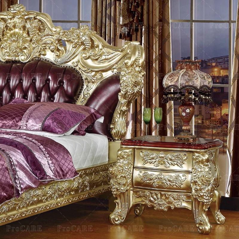 ProCARE European Champagne Luxury Bedroom Solid Wood Carved Luxury Wedding Bed
