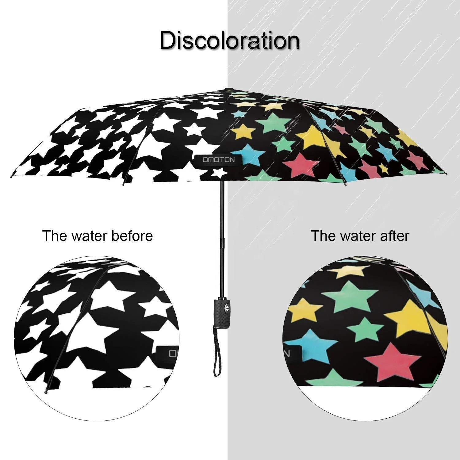 Customized water color changing automatic 3 folding umbrella with star pattern