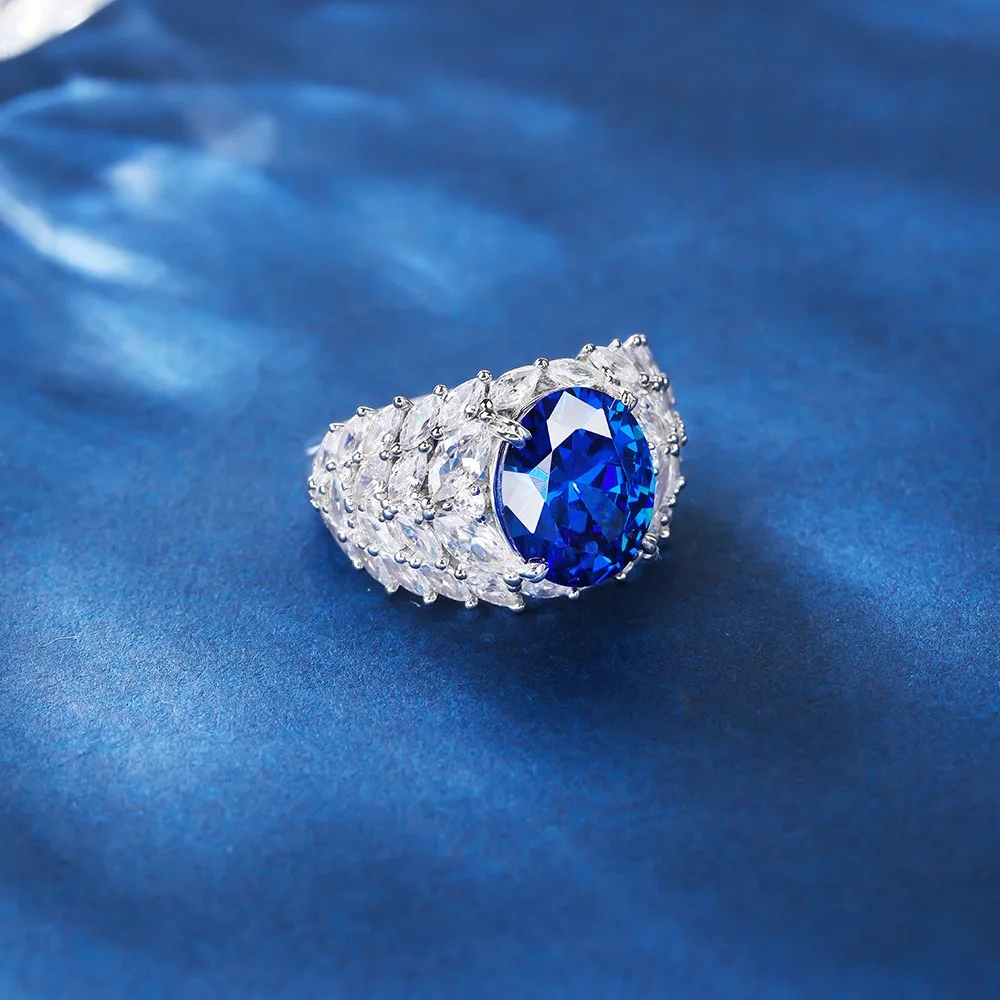 sapphire zircon blue crystal ring  925 Sterling Silver green color big Ring custom evening party jewelry