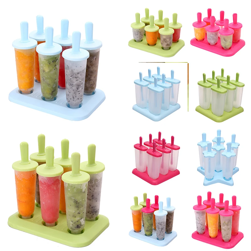 6 Cells Ice Popsicle Mold Plastic Ice Cream Mold Cube Tray with Lid Reusable Mould with Stick DIY Ice Lolly Mould