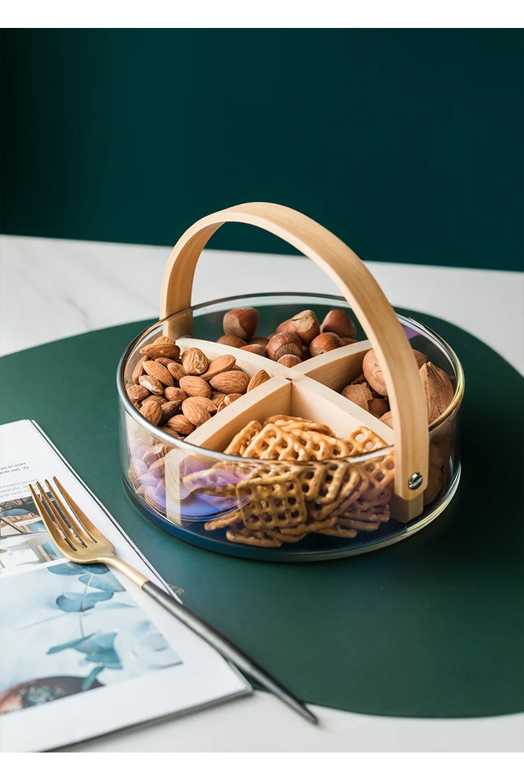 Wholesale Customized OEM Tempered Ice Bucket Stackable Glass Fruit Storage Basket Plate with Wooden Handle