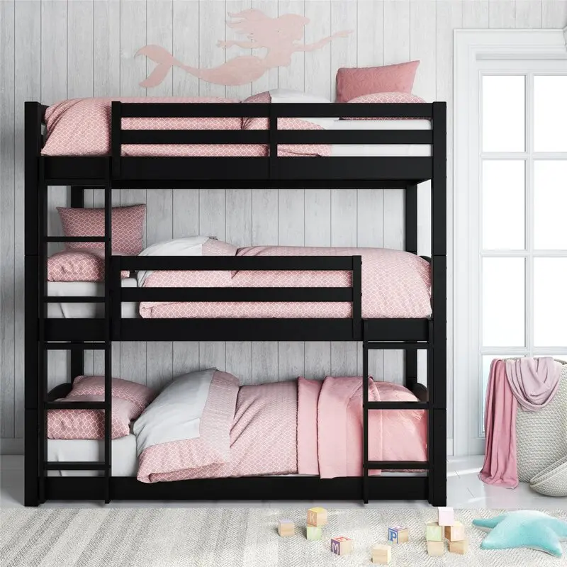 Bedroom Solid Wood Bunk Bed Frame 3 Sleepers Kid Children Triple Bunk Bed