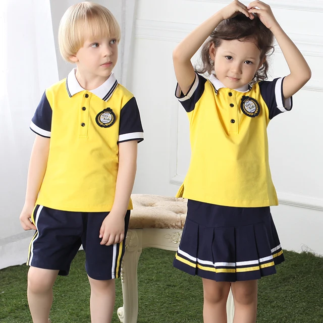 Kids Cute Yellow cotton fabrics summer kindergarten Primary Secondary School T Shirt Uniform designs pre school uniforms