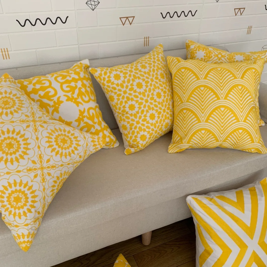 Innermor Gold Yellow Autumn Cotton Beige Natural Geo pattern Home decoration Throw Pillow Case Embroidered Cushion Cover