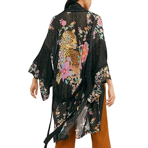Midi Robe Long Sleeve Chiffon Maxi Cardigan Kimono Coat Beach Cover Women Floral Print Casual 100% Polyester for Women Adults