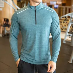 Quick dry plain long sleeve sports 1/4 zip up basic color muscle fitted gym training mens shirts