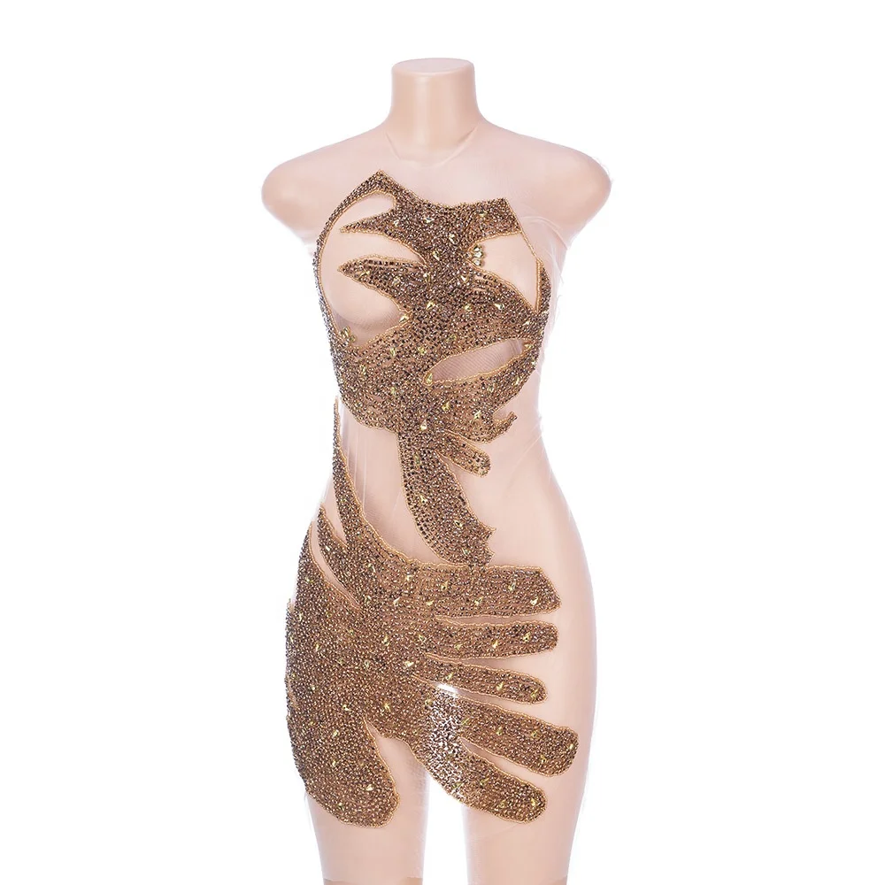 Gold Multicolored Dress Panel Lace Flat Back Crystal Rhinestone Metal Applique DRA-765