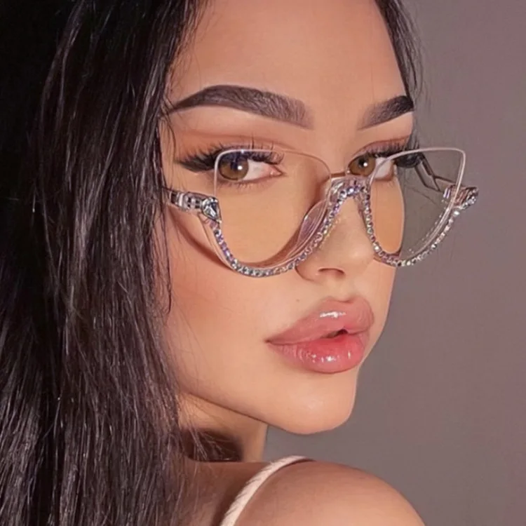 New Arriving Luxury Diamond Sunglasses Half Frame Leopard Print Shades UV400 Ladies Fashion Eyewear Gafas De Sol