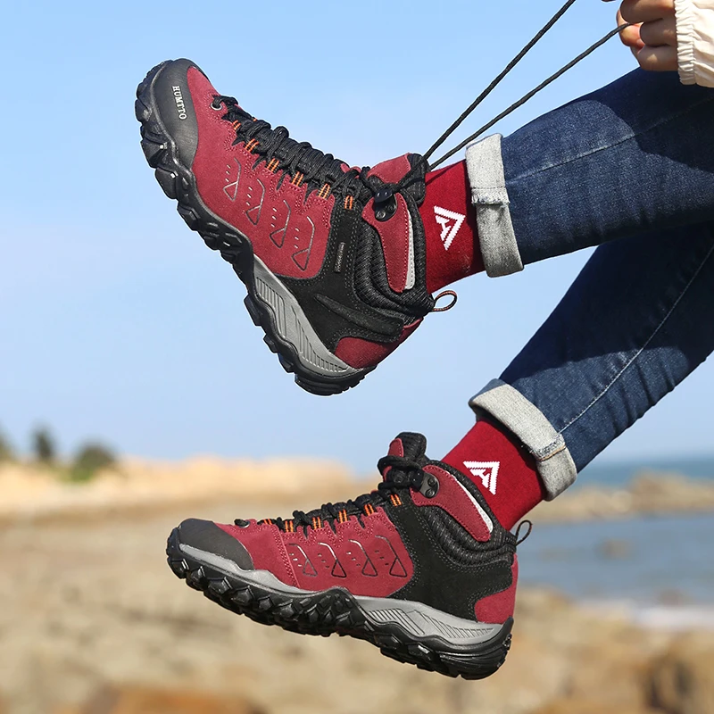 Humtto New Hiking Shoes Leather Boots Rubber Outsole Top Quality Trail Running Shoes Waterproof Men Hiking Boots