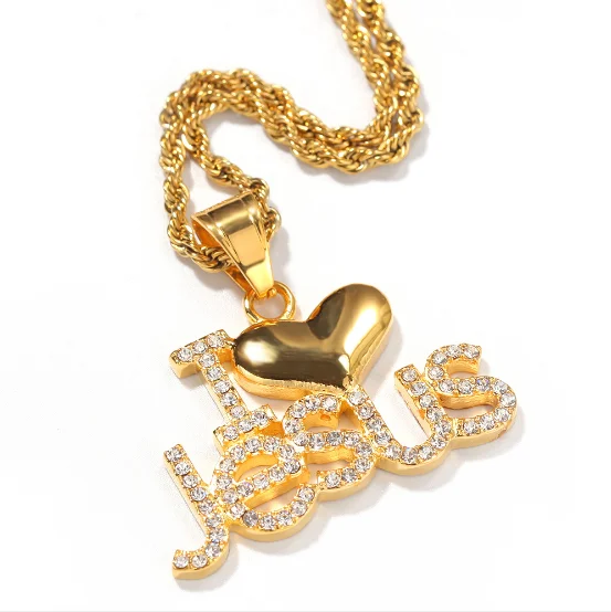 Hip Hop Twist Chain Diamond Letter Pendant Necklace Initial Diamond Letter Necklace I LOVE JESUS Gold Diamond Inlaid Necklace