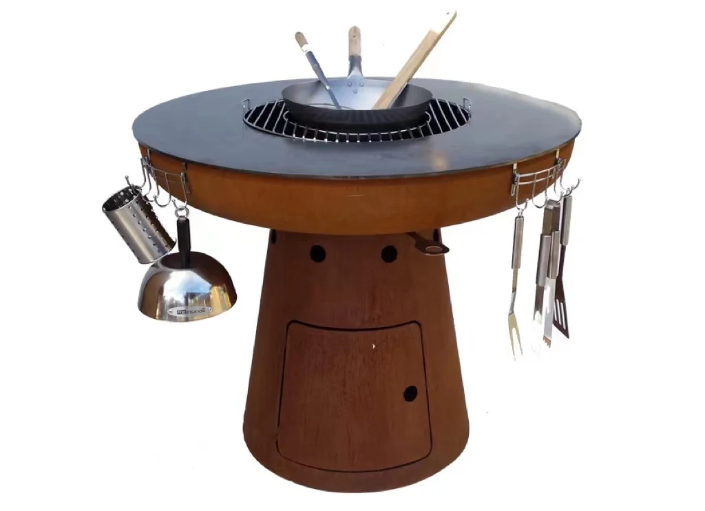 100cm Diameter Fire Pit Bowl with BBQ Top Plate and Wood Storage for Outdoor BBQ and Wood Burning