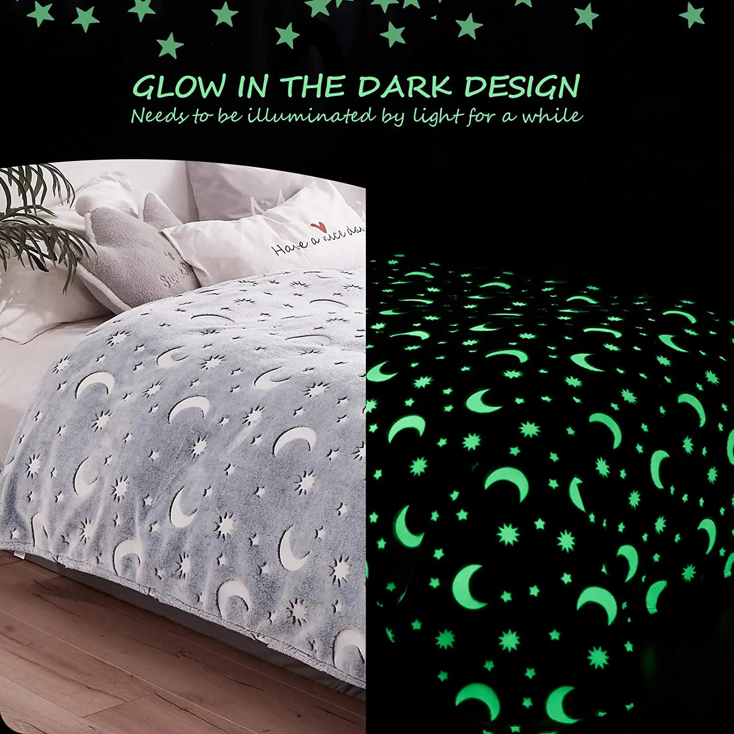 Grey Moon Star Personalized Gifts for Girls Boys Glow in The Dark Blanket