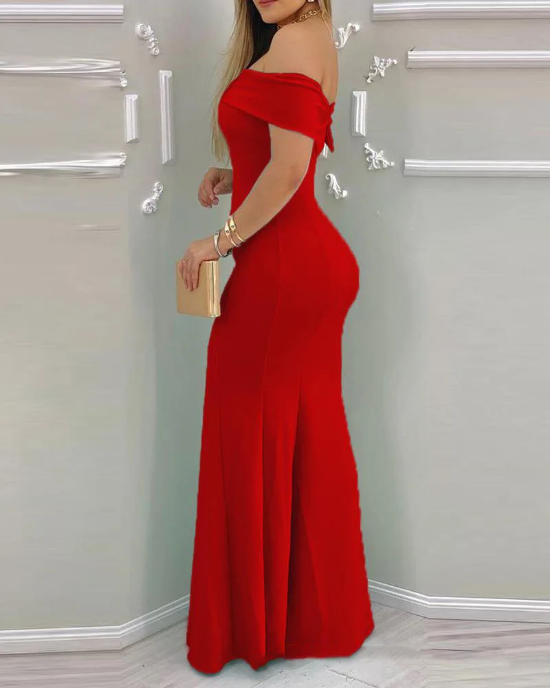 Dress long red fishtail temperament elegant one-shoulder evening dress