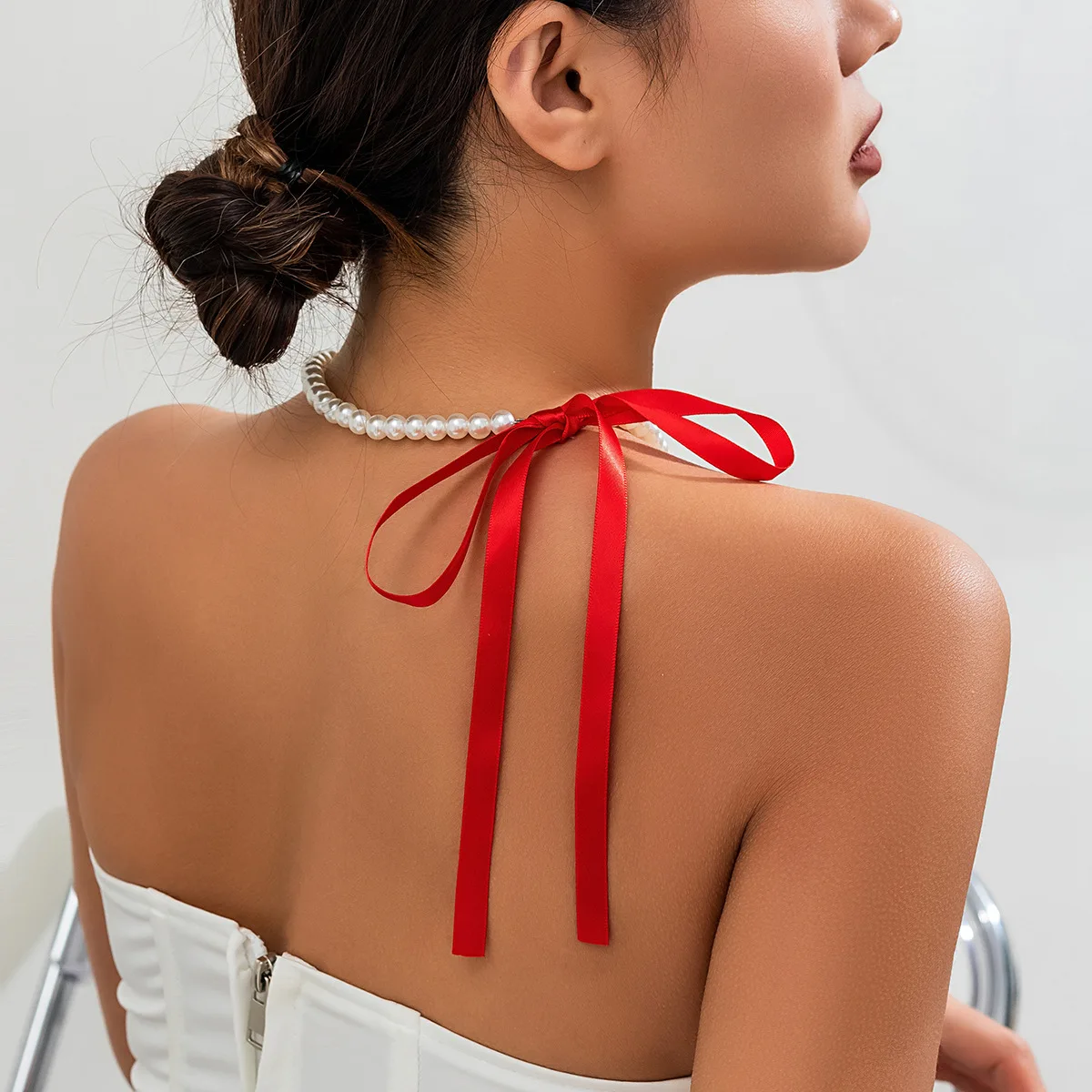 Vintage Long Bow Collarbone Chain Choker DIY Lace Velvet Pearl Necklace for Women