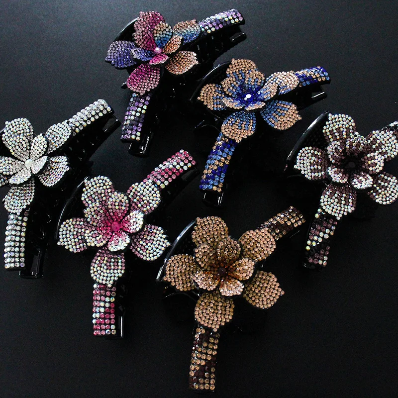 New Design Women Luxury Rhinestone Flower Hair Claws Hair Crab Hairpins Ladies Large Size Ponytail Hair Clips Fashion