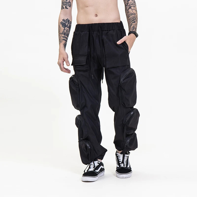 
Fashion streetwear drawstring zipper overalls six pocket wear resistant mens cargo pants 