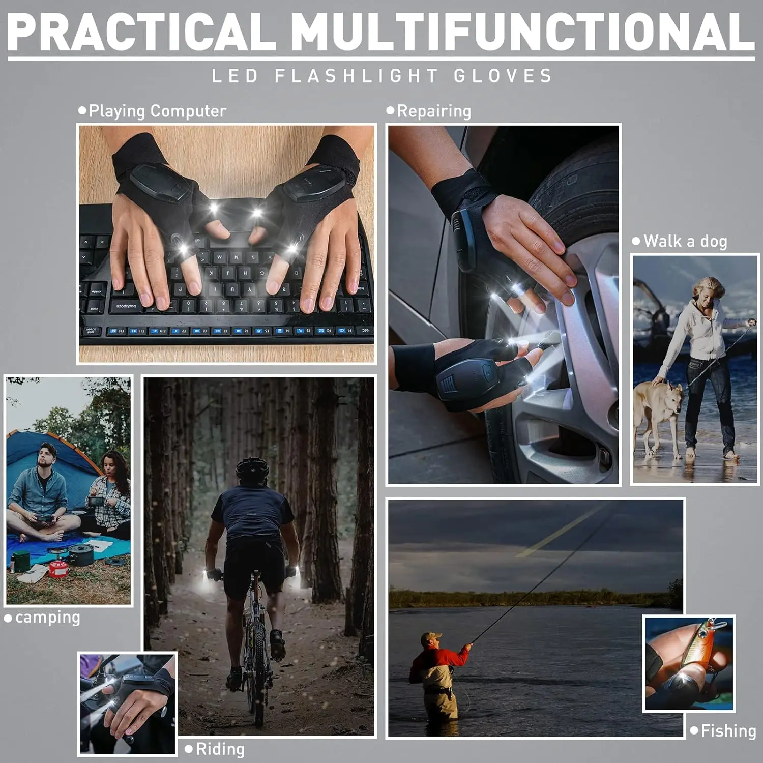 Rechargeable LED Flashlight Gloves Gifts for Men Unique Birthday Stuff and Tools for Repairing Fishing Camping